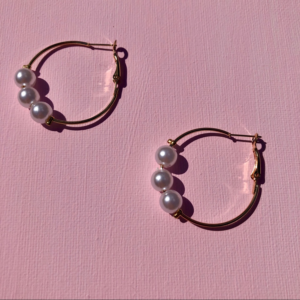 Navy Mini Gold Pearl Hoop Earrings